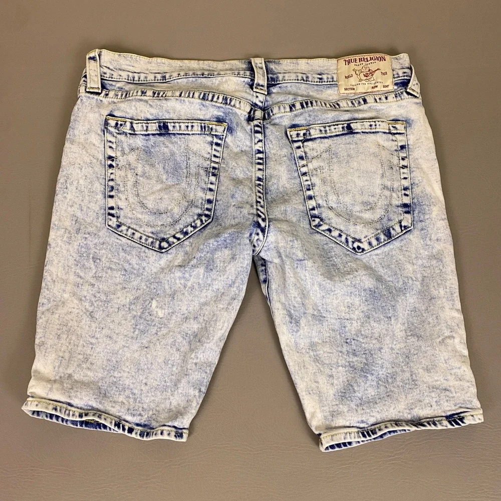 True Religion Rocco Relaxed Skinny Shorts Men's 40 Acid Wash Blue Denim Stretch